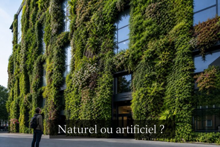 Mur végétal luxuriant recouvrant une façade de bâtiment moderne, avec une personne observant, et le texte 'Naturel ou artificiel ?' en surimpression.