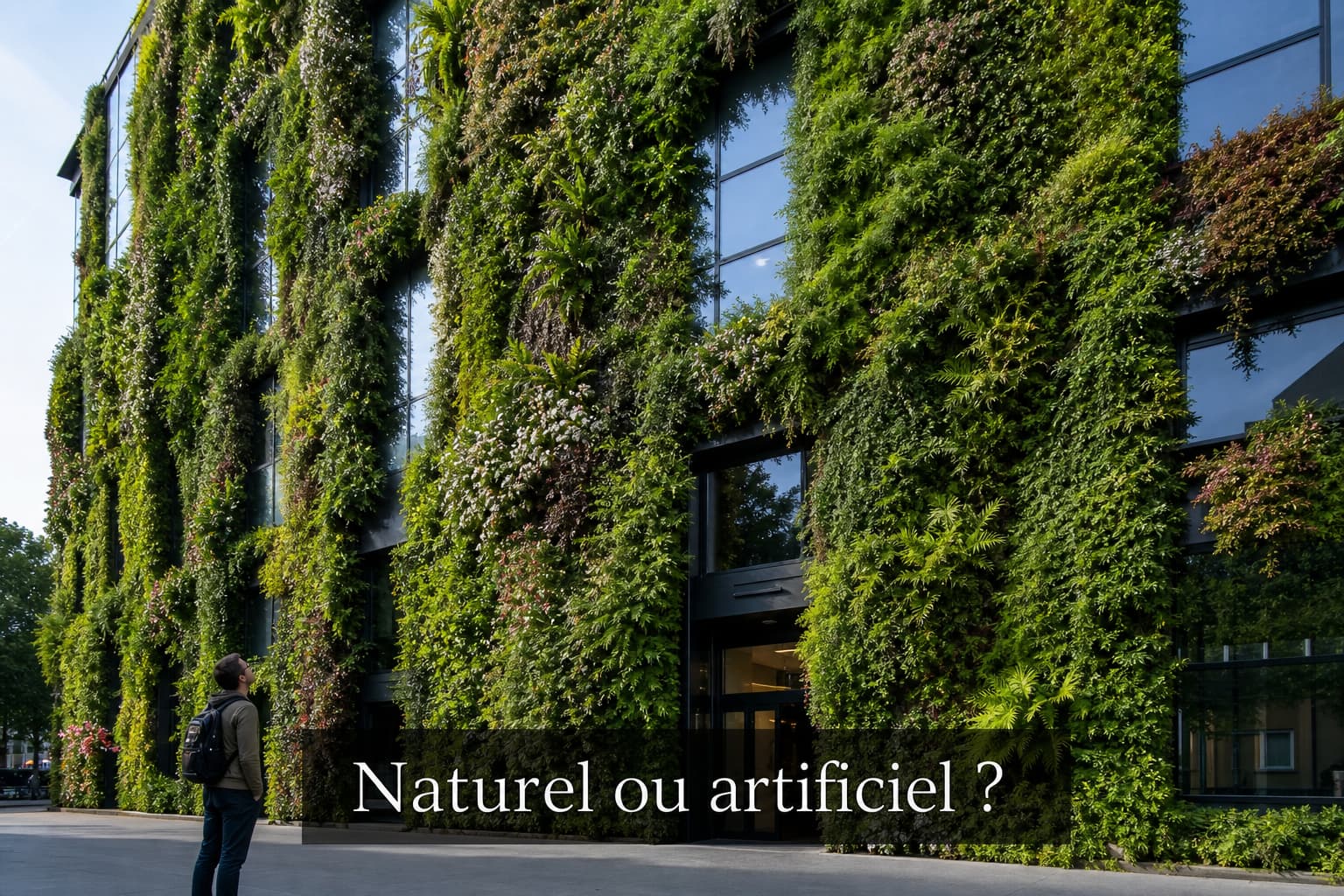 Mur végétal luxuriant recouvrant une façade de bâtiment moderne, avec une personne observant, et le texte 'Naturel ou artificiel ?' en surimpression.