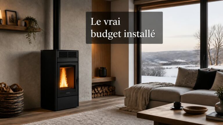 Poêle à granulés moderne allumé dans un salon contemporain chaleureux avec vue sur un extérieur hivernal et mention Le vrai budget installé.