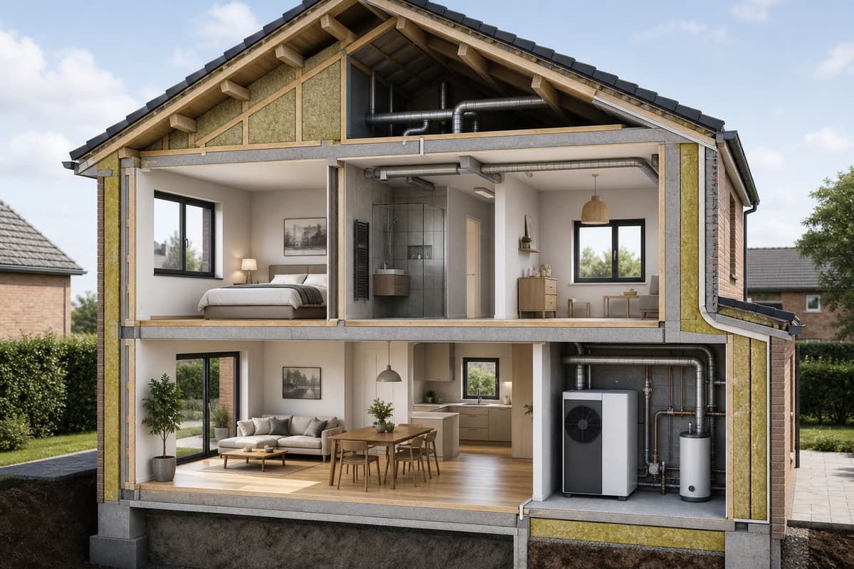 Schéma d'une rénovation énergétique globale combinant isolation, ventilation et chauffage