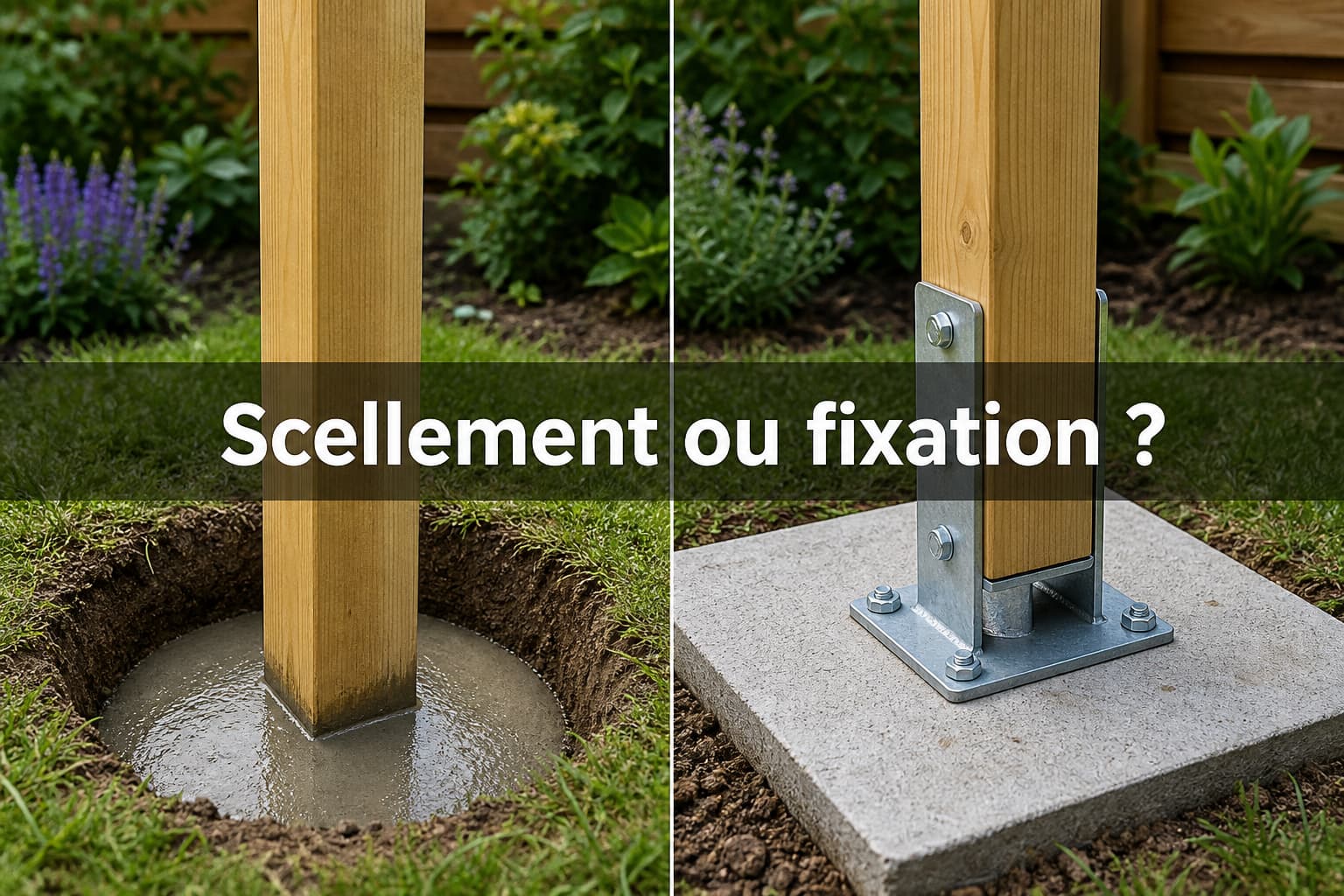 Comparaison visuelle d’un poteau en bois scellé dans du béton frais (à gauche) et d’un poteau fixé sur une dalle par des supports métalliques (à droite), dans un jardin, avec le texte