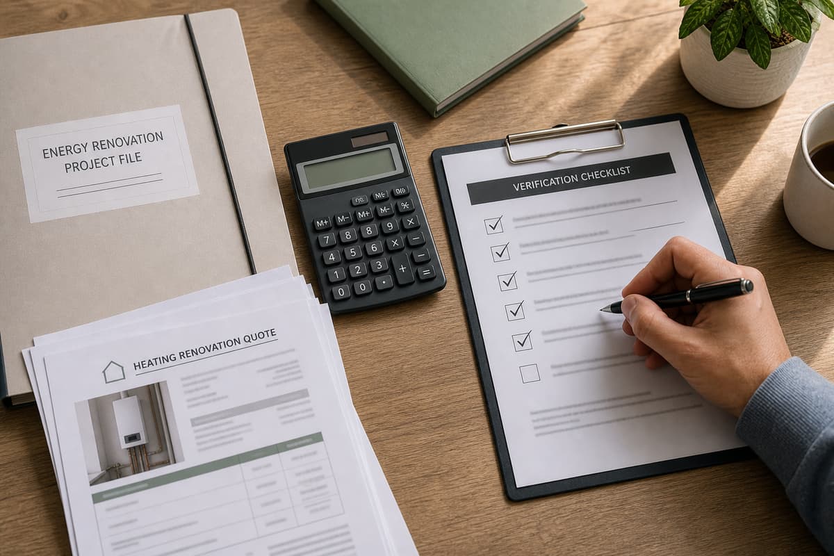 Vue de dessus d'une main cochant une liste de vérification sur une table à côté d'un devis non lisible, d'une calculatrice et d'un dossier administratif.