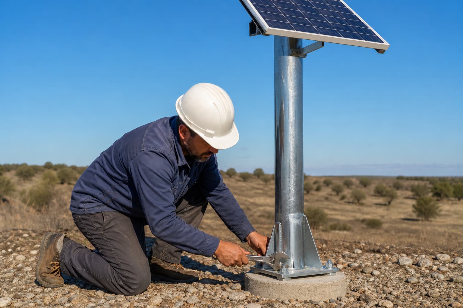 Installation d’un candélabre solaire avec fixation du mât par un professionnel